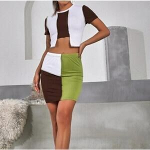 Y2k Cider Lime Green & Brown Colorblock Patchwork Skirt Set Medium Cute